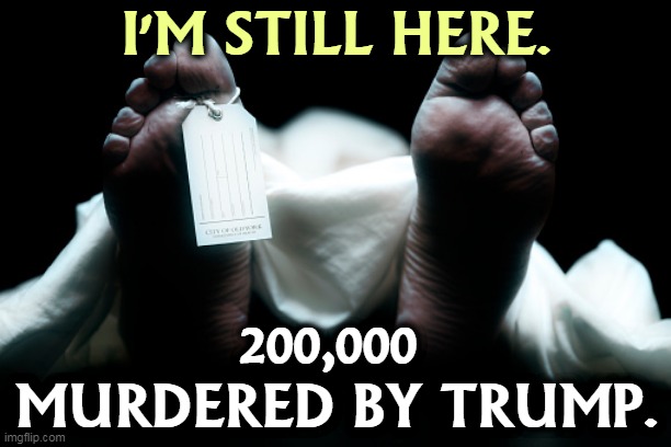 Double that number by New Years. | I'M STILL HERE. 200,000 
MURDERED BY TRUMP. | image tagged in feet tag corpse dead,covid-19,coronavirus,deaths,trump,murderer | made w/ Imgflip meme maker