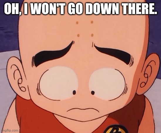 Sad Krillin (Dragon Ball) | OH, I WON'T GO DOWN THERE. | image tagged in sad krillin dragon ball | made w/ Imgflip meme maker