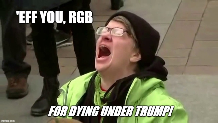 Meltdown | 'EFF YOU, RGB; FOR DYING UNDER TRUMP! | image tagged in woman screaming | made w/ Imgflip meme maker