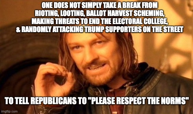 One Does Not Simply | ONE DOES NOT SIMPLY TAKE A BREAK FROM RIOTING, LOOTING, BALLOT HARVEST SCHEMING, MAKING THREATS TO END THE ELECTORAL COLLEGE, & RANDOMLY ATTACKING TRUMP SUPPORTERS ON THE STREET; TO TELL REPUBLICANS TO "PLEASE RESPECT THE NORMS" | image tagged in memes,one does not simply | made w/ Imgflip meme maker