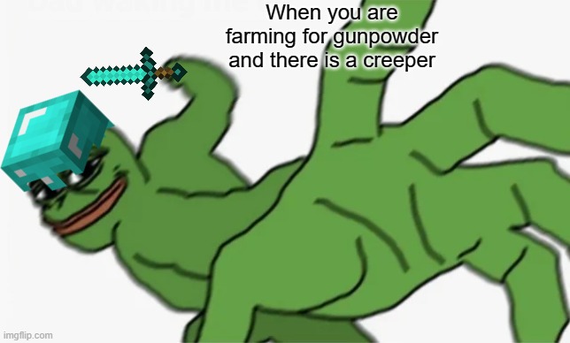 Pepe gonna kill a creeper | When you are farming for gunpowder and there is a creeper | image tagged in pepe punch | made w/ Imgflip meme maker