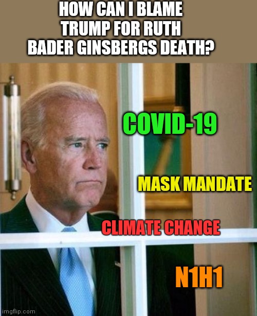 Sad Joe Biden | HOW CAN I BLAME TRUMP FOR RUTH BADER GINSBERGS DEATH? COVID-19; MASK MANDATE; CLIMATE CHANGE; N1H1 | image tagged in sad joe biden | made w/ Imgflip meme maker