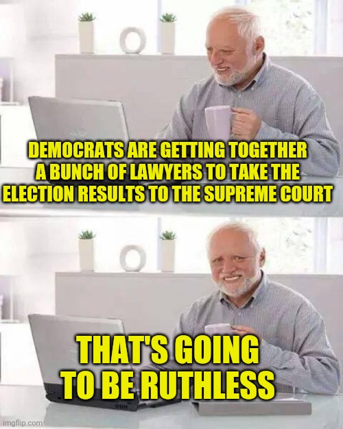 Confirm judge Barrett now | DEMOCRATS ARE GETTING TOGETHER A BUNCH OF LAWYERS TO TAKE THE ELECTION RESULTS TO THE SUPREME COURT; THAT'S GOING TO BE RUTHLESS | image tagged in memes,hide the pain harold,justice barrett | made w/ Imgflip meme maker