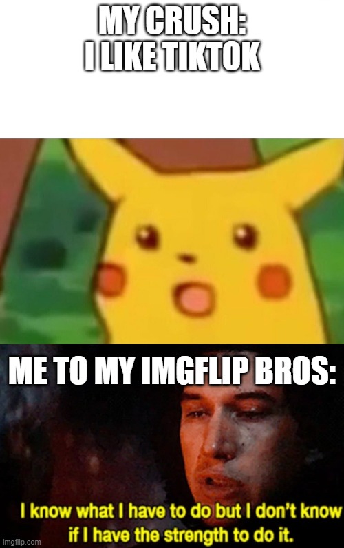 MY CRUSH: I LIKE TIKTOK; ME TO MY IMGFLIP BROS: | image tagged in memes,surprised pikachu,i know what i have to do but i don t know if i have the strength | made w/ Imgflip meme maker