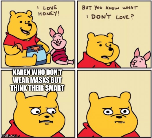 upset pooh | KAREN WHO DON’T WEAR MASKS BUT THINK THEIR SMART | image tagged in upset pooh | made w/ Imgflip meme maker