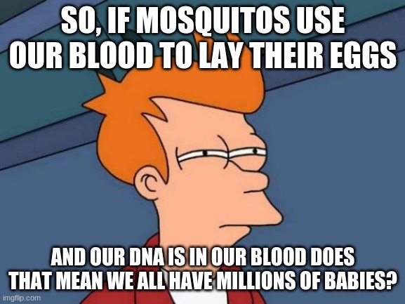 HMM |  SO, IF MOSQUITOS USE OUR BLOOD TO LAY THEIR EGGS; AND OUR DNA IS IN OUR BLOOD DOES THAT MEAN WE ALL HAVE MILLIONS OF BABIES? | image tagged in memes,futurama fry | made w/ Imgflip meme maker