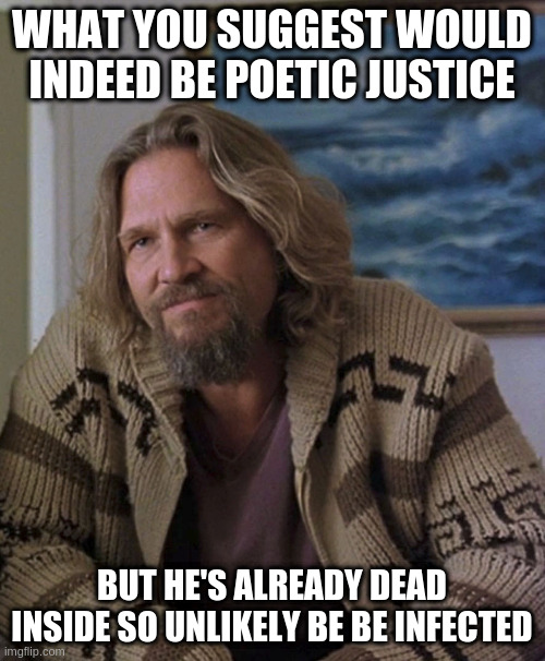 opinion | WHAT YOU SUGGEST WOULD INDEED BE POETIC JUSTICE; BUT HE'S ALREADY DEAD INSIDE SO UNLIKELY BE BE INFECTED | image tagged in opinion | made w/ Imgflip meme maker