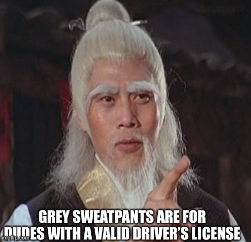Gotta get past the fat ladies at DMV | GREY SWEATPANTS ARE FOR DUDES WITH A VALID DRIVER’S LICENSE | image tagged in wise kung fu master,grey | made w/ Imgflip meme maker