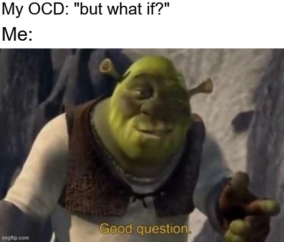 What if though |  My OCD: "but what if?"; Me: | image tagged in shrek good question,ocd,obsessive-compulsive,intrusive thoughts,mental health,anxiety | made w/ Imgflip meme maker