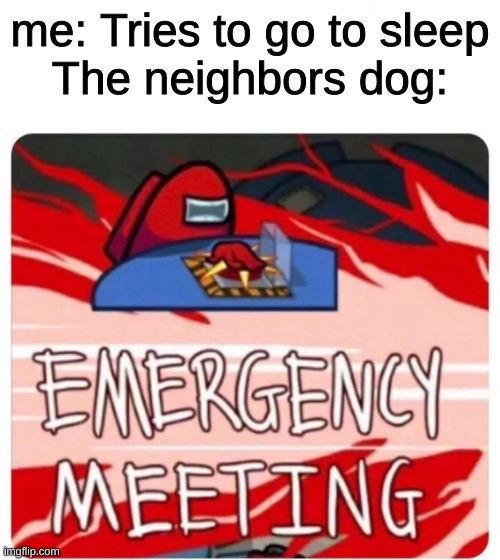 Emergency meeting | me: Tries to go to sleep
The neighbors dog: | image tagged in emergency meeting among us | made w/ Imgflip meme maker