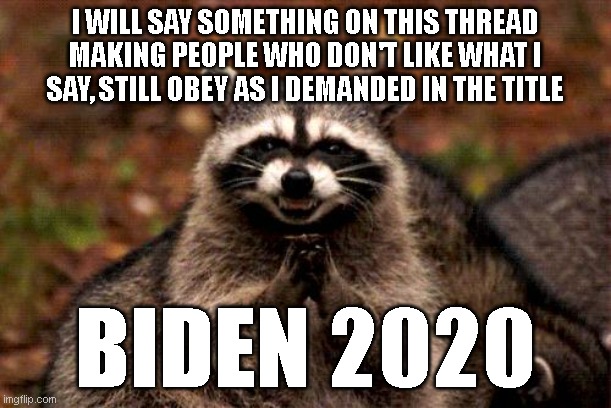 I demand to downvote. Ya know ya want to :) | I WILL SAY SOMETHING ON THIS THREAD MAKING PEOPLE WHO DON'T LIKE WHAT I SAY, STILL OBEY AS I DEMANDED IN THE TITLE; BIDEN 2020 | image tagged in memes,evil plotting raccoon | made w/ Imgflip meme maker
