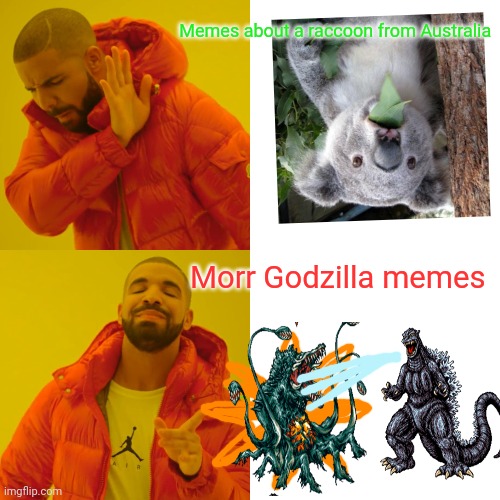 We need more Godzilla memes! | Memes about a raccoon from Australia; Morr Godzilla memes | image tagged in memes,drake hotline bling,godzilla,australia | made w/ Imgflip meme maker