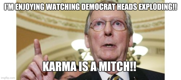 Mitch McConnell | I'M ENJOYING WATCHING DEMOCRAT HEADS EXPLODING!! KARMA IS A MITCH!! | image tagged in memes,mitch mcconnell | made w/ Imgflip meme maker
