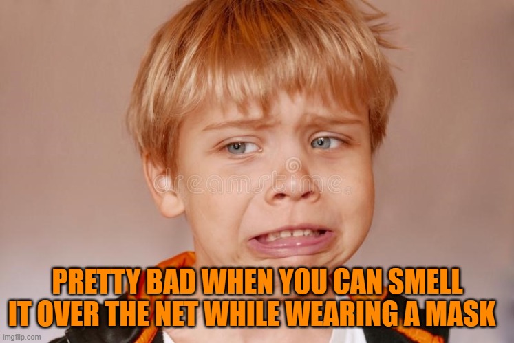eeewww! | PRETTY BAD WHEN YOU CAN SMELL IT OVER THE NET WHILE WEARING A MASK | image tagged in eeewww | made w/ Imgflip meme maker
