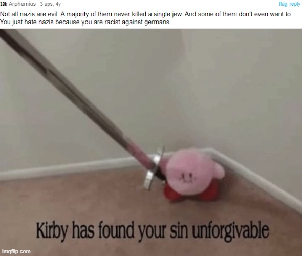 omg a neo nazi!!!! | image tagged in kirby has found your sin unforgivable,neo nazi,nazi | made w/ Imgflip meme maker
