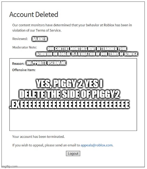 Account Deleted Our content monitors have determined that your behavior at  Roblox has been in violation