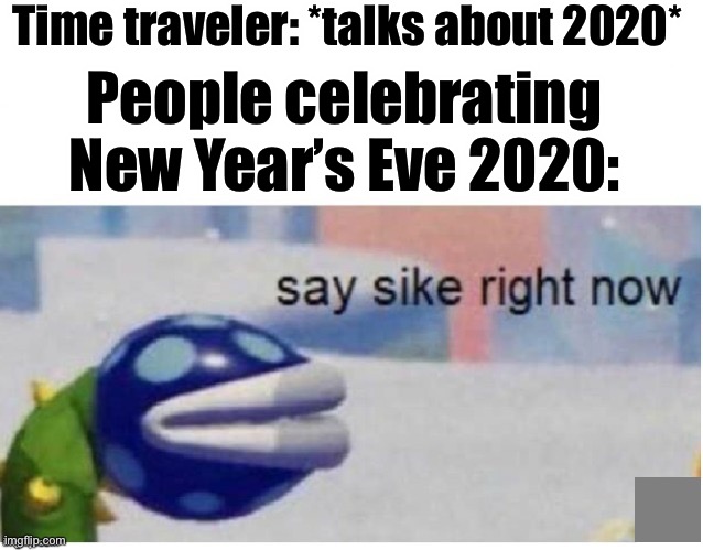 Oh no | Time traveler: *talks about 2020*; People celebrating New Year’s Eve 2020: | image tagged in say sike right now | made w/ Imgflip meme maker