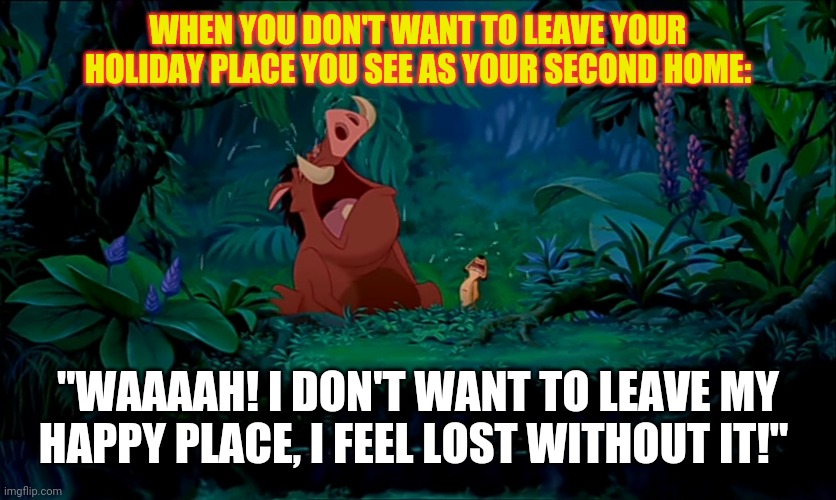 Lion King crying | WHEN YOU DON'T WANT TO LEAVE YOUR HOLIDAY PLACE YOU SEE AS YOUR SECOND HOME:; "WAAAAH! I DON'T WANT TO LEAVE MY HAPPY PLACE, I FEEL LOST WITHOUT IT!" | image tagged in lion king crying,the lion king,lion king | made w/ Imgflip meme maker