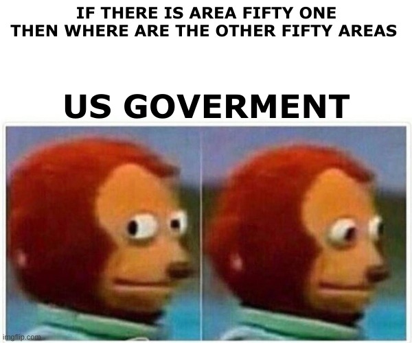 Monkey Puppet Meme | IF THERE IS AREA FIFTY ONE THEN WHERE ARE THE OTHER FIFTY AREAS; US GOVERMENT | image tagged in memes,monkey puppet | made w/ Imgflip meme maker