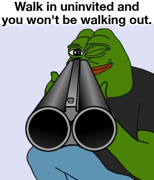 Walk in uninvited and you won't be walking out! | Walk in uninvited and you won't be walking out. | image tagged in rare pepe,pepe the frog,pepe,rage pepe,double barreled pepe,shotgun pepe | made w/ Imgflip meme maker