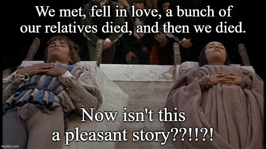 Romeo and Juliet | We met, fell in love, a bunch of our relatives died, and then we died. Now isn't this a pleasant story??!!?! | image tagged in romeo and juliet | made w/ Imgflip meme maker