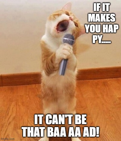 Happy birthday day  Maureeeennn from the singing cat!  | IF IT MAKES YOU HAP PY..... IT CAN'T BE THAT BAA AA AD! | image tagged in happy birthday day maureeeennn from the singing cat | made w/ Imgflip meme maker
