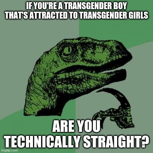 Philosoraptor Meme | IF YOU'RE A TRANSGENDER BOY THAT'S ATTRACTED TO TRANSGENDER GIRLS; ARE YOU TECHNICALLY STRAIGHT? | image tagged in memes,philosoraptor,lgbtq | made w/ Imgflip meme maker