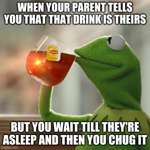 But That's None Of My Business | WHEN YOUR PARENT TELLS YOU THAT THAT DRINK IS THEIRS; BUT YOU WAIT TILL THEY'RE ASLEEP AND THEN YOU CHUG IT | image tagged in memes,but that's none of my business,kermit the frog | made w/ Imgflip meme maker