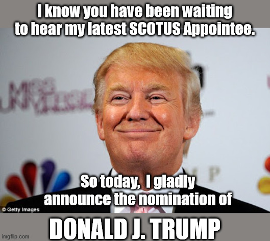 We've lived through this much of 2020, why would anything shock us. | I know you have been waiting to hear my latest SCOTUS Appointee. So today,  I gladly announce the nomination of; DONALD J. TRUMP | image tagged in donald trump approves,scotus | made w/ Imgflip meme maker