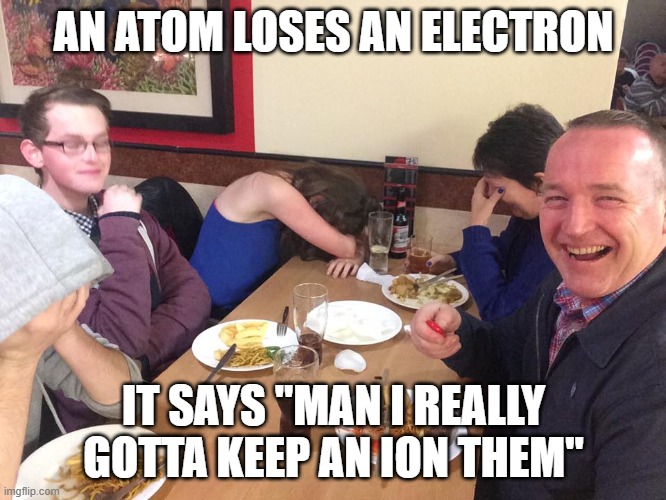 Hey Google, tell me a bad joke... |  AN ATOM LOSES AN ELECTRON; IT SAYS "MAN I REALLY GOTTA KEEP AN ION THEM" | image tagged in dad joke meme,memes,ion,atom,electrons | made w/ Imgflip meme maker