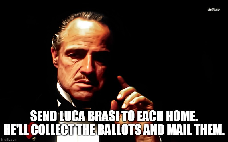 SEND LUCA BRASI TO EACH HOME. HE'LL COLLECT THE BALLOTS AND MAIL THEM. | made w/ Imgflip meme maker