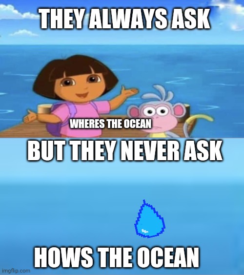 Where's the Ocean | THEY ALWAYS ASK; WHERES THE OCEAN; BUT THEY NEVER ASK; HOWS THE OCEAN | image tagged in where's the ocean,memes,funny,how | made w/ Imgflip meme maker