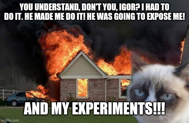 Burn Kitty | YOU UNDERSTAND, DON'T YOU, IGOR? I HAD TO DO IT. HE MADE ME DO IT! HE WAS GOING TO EXPOSE ME! AND MY EXPERIMENTS!!! | image tagged in memes,burn kitty,grumpy cat | made w/ Imgflip meme maker