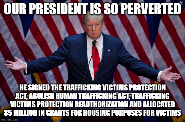 That top text is clearly sarcasm | OUR PRESIDENT IS SO PERVERTED; HE SIGNED THE TRAFFICKING VICTIMS PROTECTION ACT, ABOLISH HUMAN TRAFFICKING ACT, TRAFFICKING VICTIMS PROTECTION REAUTHORIZATION AND ALLOCATED 35 MILLION IN GRANTS FOR HOUSING PURPOSES FOR VICTIMS | image tagged in donald trump,stupid liberals,trump 2020 | made w/ Imgflip meme maker