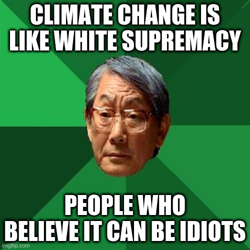 High Expectations Asian Father | CLIMATE CHANGE IS LIKE WHITE SUPREMACY; PEOPLE WHO BELIEVE IT CAN BE IDIOTS | image tagged in memes,high expectations asian father | made w/ Imgflip meme maker