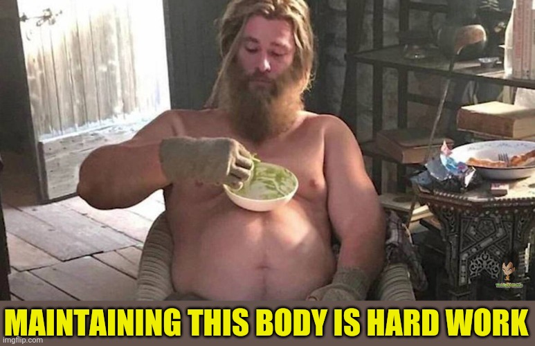 Fat Thor | MAINTAINING THIS BODY IS HARD WORK | image tagged in fat thor | made w/ Imgflip meme maker