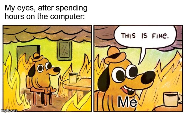 Computer junky... | My eyes, after spending hours on the computer:; Me | image tagged in memes,this is fine | made w/ Imgflip meme maker