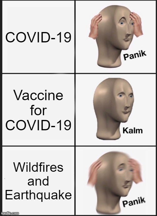 Its true tho | COVID-19; Vaccine for COVID-19; Wildfires and Earthquake | image tagged in memes,panik kalm panik | made w/ Imgflip meme maker