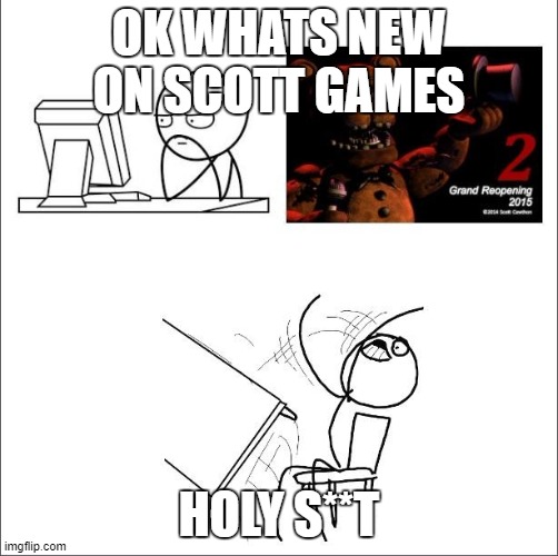 When I found out fnaf 2 was a prequel | OK WHATS NEW ON SCOTT GAMES; HOLY S**T | image tagged in when i found out fnaf 2 was a prequel | made w/ Imgflip meme maker