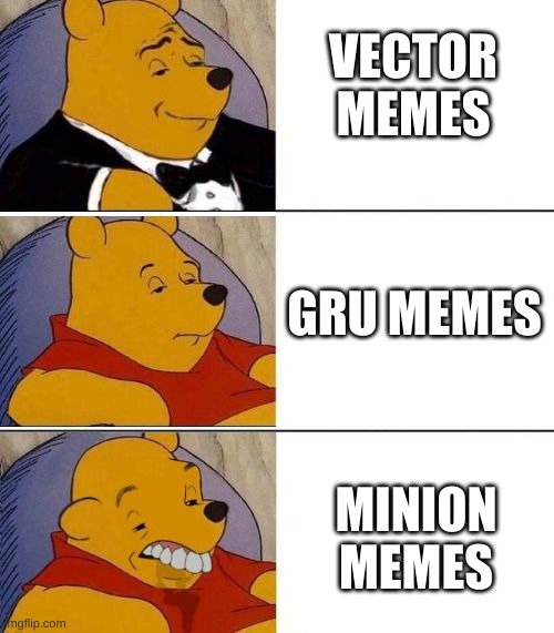 Tuxedo on Top Winnie The Pooh (3 panel) | VECTOR MEMES; GRU MEMES; MINION MEMES | image tagged in tuxedo on top winnie the pooh 3 panel | made w/ Imgflip meme maker