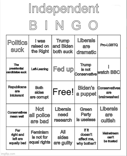 Independent bingo | B  I  N  G  O; Independent; Trump and Biden both suck; I was raised on the Right; Pro-LGBTQ; Politics suck; Liberals are dramatic; Fed up; I watch BBC; The presidential candidates suck; Left-Leaning; Trump is not Conservative; Biden’s a puppet; Republicans are intolerant; Conservatives are brainwashed; Both sides are corrupt; Conservatives mean well; Not all police are bad; Liberals are cultish; Green Party is useless; Liberals need research; Feminism is not for equal rights; If it doesn’t affect me, why bother? Mainstream can’t be trusted; Far right and left are equally bad; All sides are guilty | image tagged in blank bingo | made w/ Imgflip meme maker