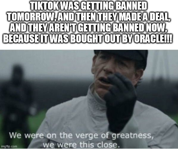 We were on the verge of greatness | TIKTOK WAS GETTING BANNED TOMORROW, AND THEN THEY MADE A DEAL, AND THEY AREN'T GETTING BANNED NOW, BECAUSE IT WAS BOUGHT OUT BY ORACLE!!! | image tagged in we were on the verge of greatness | made w/ Imgflip meme maker