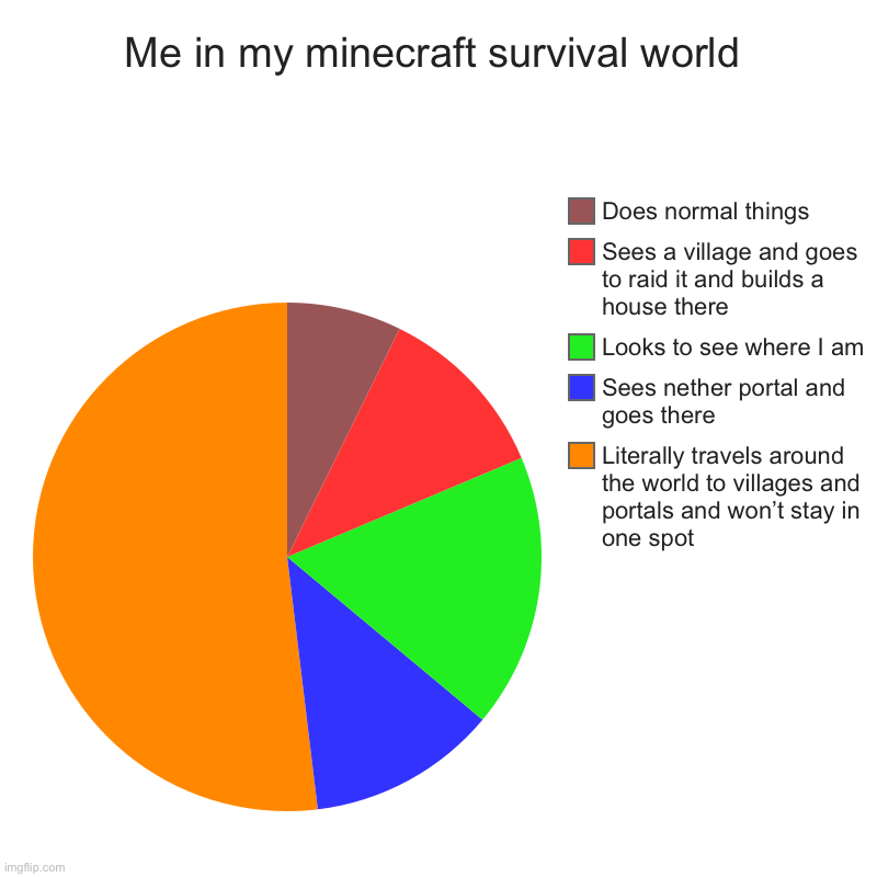 Me in minecraft | Me in my minecraft survival world | Literally travels around the world to villages and portals and won’t stay in one spot , Sees nether port | image tagged in charts,pie charts | made w/ Imgflip chart maker