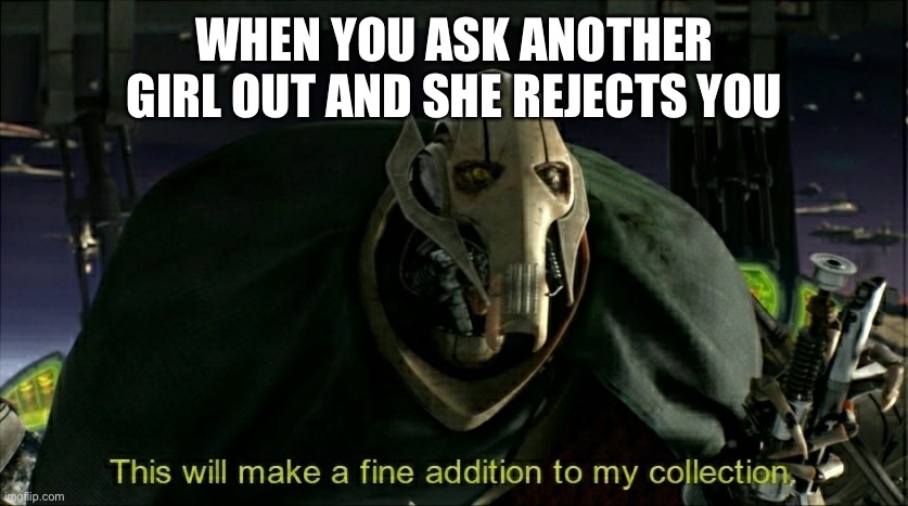 This will make a fine addition to my collection | WHEN YOU ASK ANOTHER GIRL OUT AND SHE REJECTS YOU | image tagged in this will make a fine addition to my collection | made w/ Imgflip meme maker