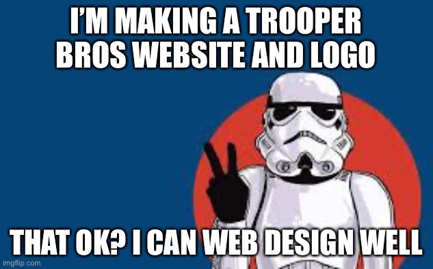 That ok, Trooper05? | I’M MAKING A TROOPER BROS WEBSITE AND LOGO; THAT OK? I CAN WEB DESIGN WELL | image tagged in star wars storm trooper yolo | made w/ Imgflip meme maker