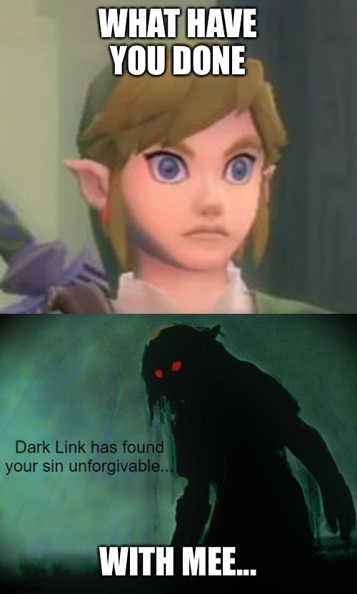 WHAT HAVE YOU DONE WITH MEE... | image tagged in dark link has found your sin unforgivable | made w/ Imgflip meme maker