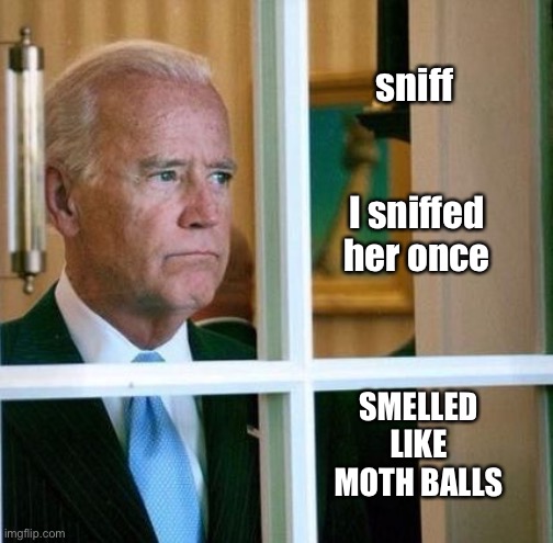 Sad Joe Biden | sniff I sniffed her once SMELLED LIKE MOTH BALLS | image tagged in sad joe biden | made w/ Imgflip meme maker