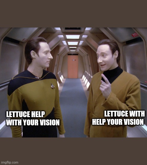 data lore | LETTUCE HELP WITH YOUR VISION; LETTUCE WITH HELP YOUR VISION | image tagged in data lore | made w/ Imgflip meme maker