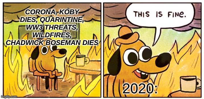 This Is Fine | CORONA, KOBY DIES, QUARINTINE, WW3 THREATS, WILDFIRES, CHADWICK BOSEMAN DIES; 2020: | image tagged in memes,this is fine | made w/ Imgflip meme maker