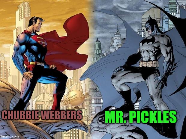 Batman VS Superman | MR. PICKLES; CHUBBIE WEBBERS | image tagged in batman vs superman,chubbie webbers,dogs,good vs evil,adult swim | made w/ Imgflip meme maker